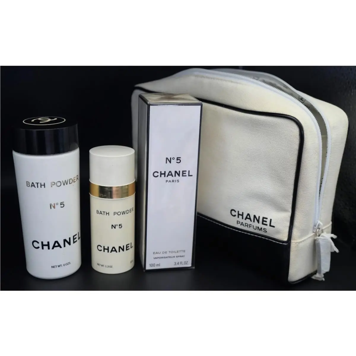 Vintage Chanel No. 5 Luxury Bath Set Powder Perfume - w Canvas Bag