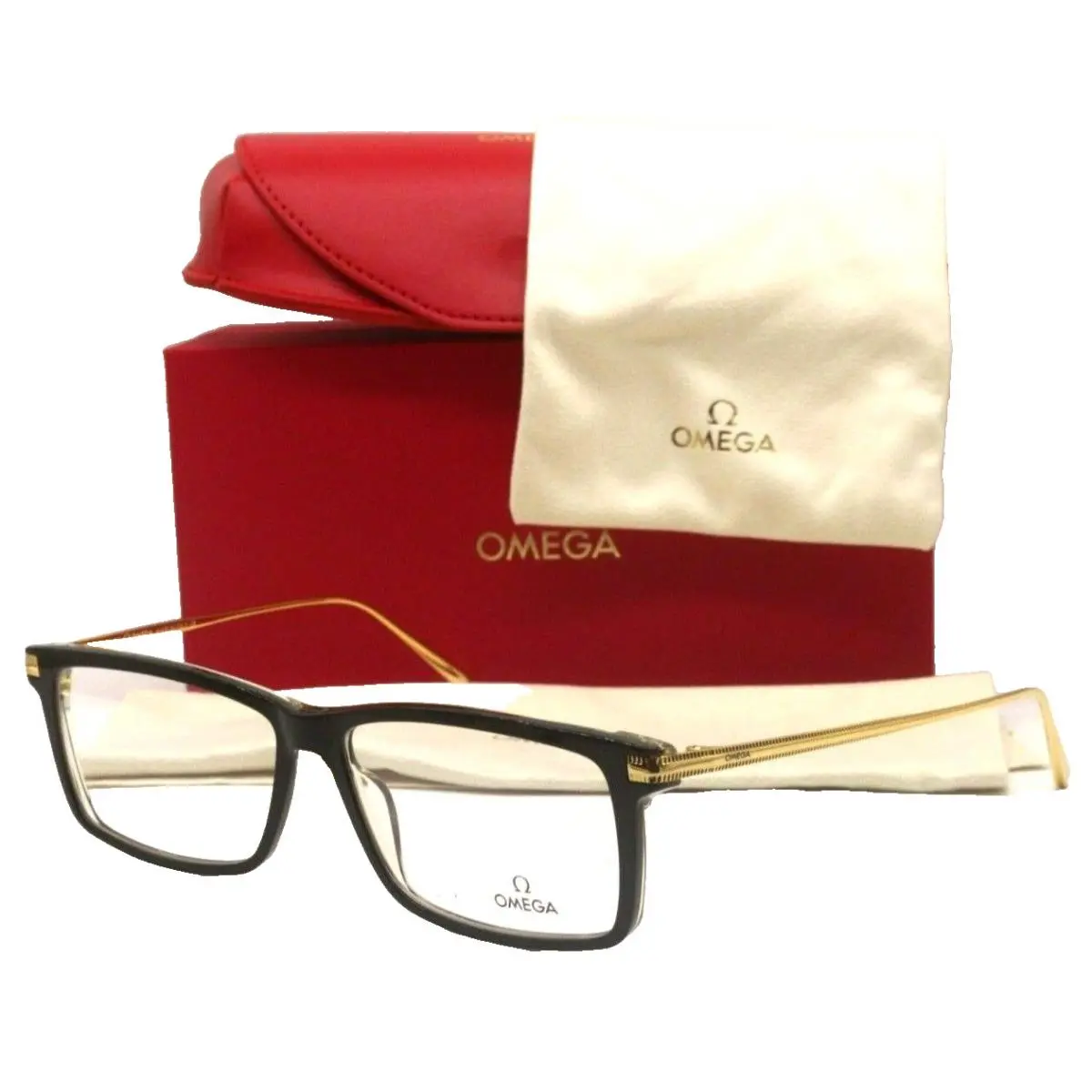 OM5014 005 Rectangle Shiny Black Gold Eyeglasses Frame 58-14 by Omega
