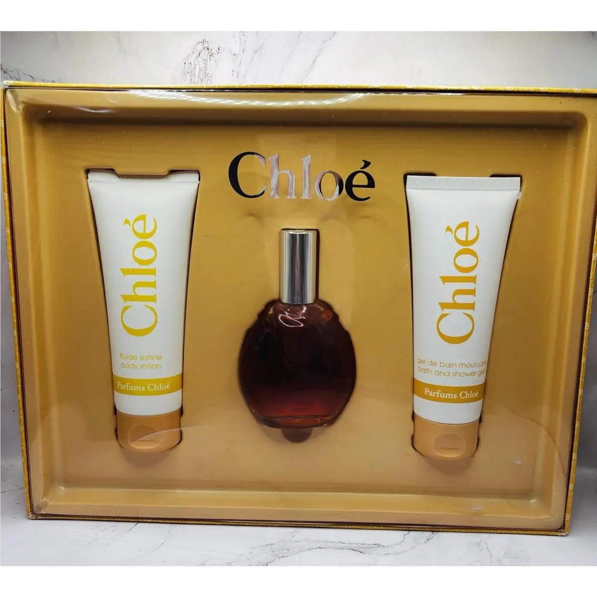 Vintage Chloé Parfums 3 Pc Gift Set 1.7oz Edt Lotion Bath Shower Gel Rare