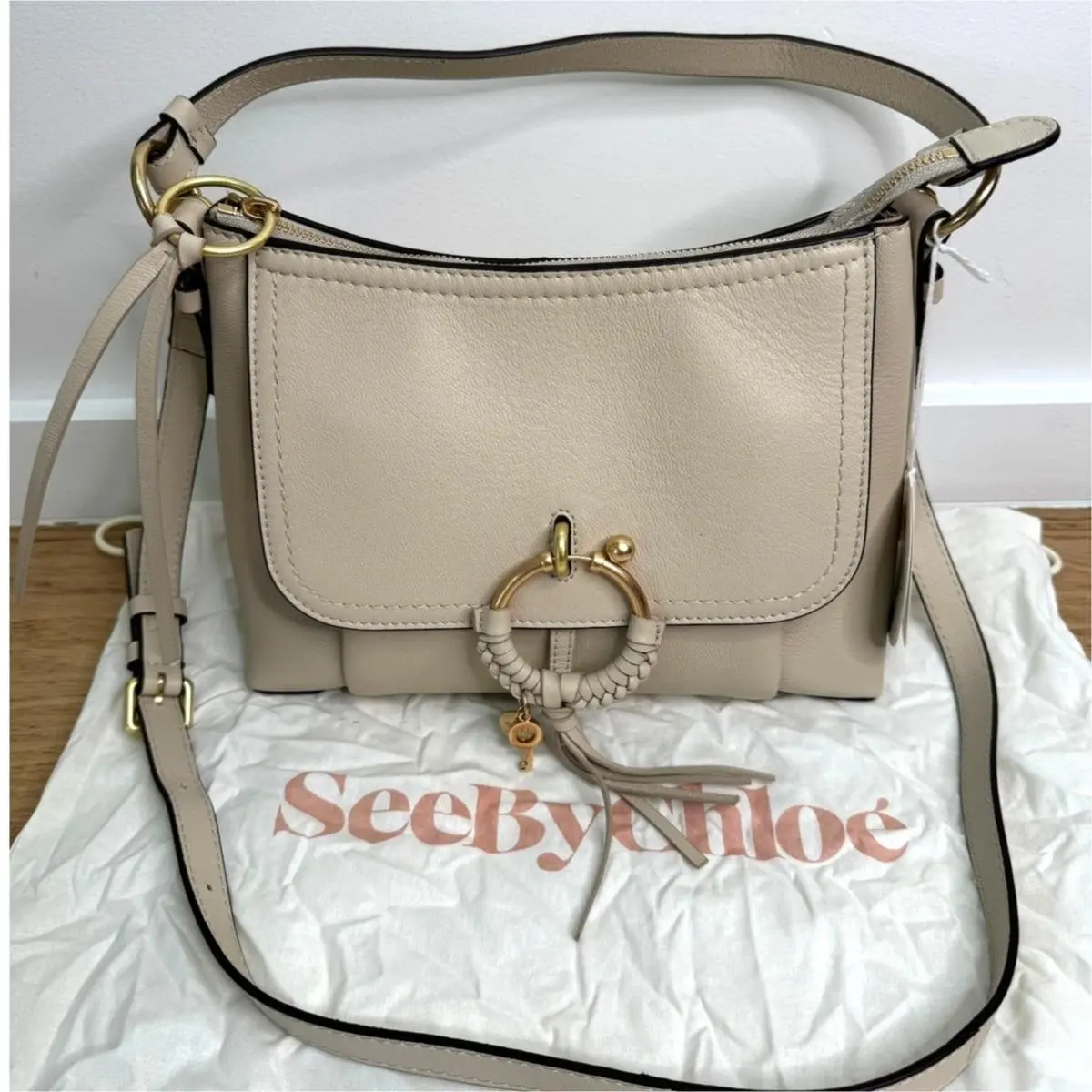 See by Chloé Small Joan Leather Shoulder Bag Top Handle Cement Beige