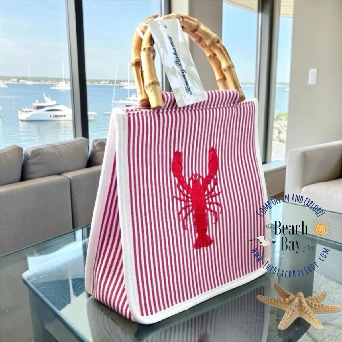 Tommy Bahama Lobster Tote Bag Bamboo Handles Red White Stripe Crossbody Cha