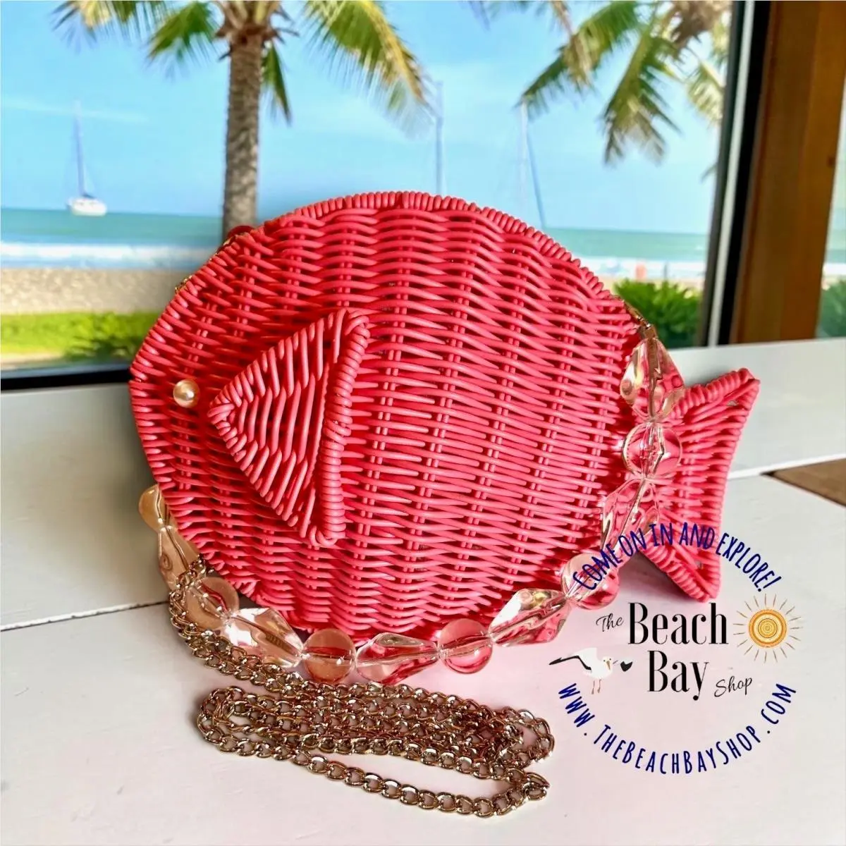 Tommy Bahama Pink Sea Fish Woven Wicker Crossbody Clutch Bag