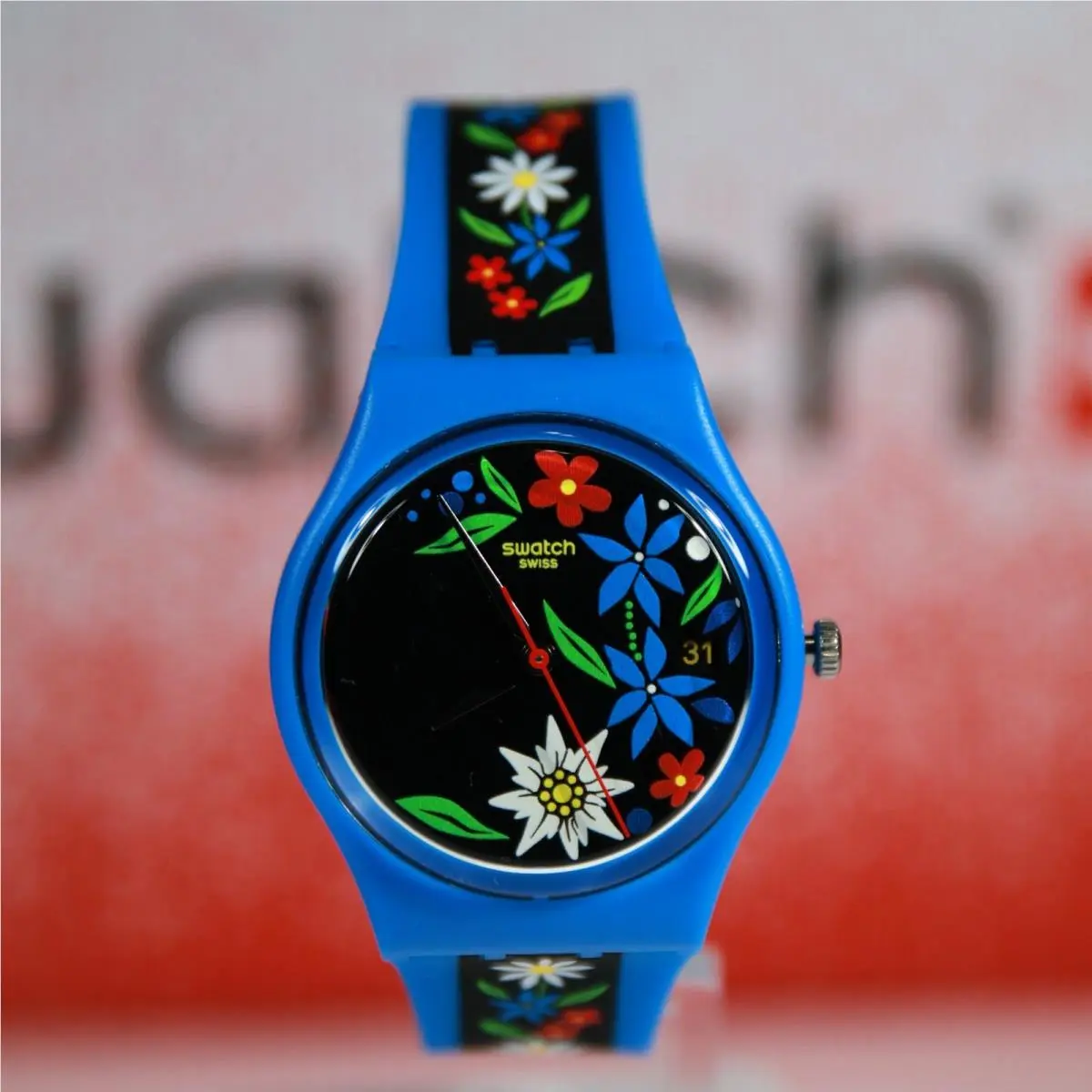 Swiss  Originals Edelblau Blue Flowers Women`s 34MM Watch GN412 by Swatch