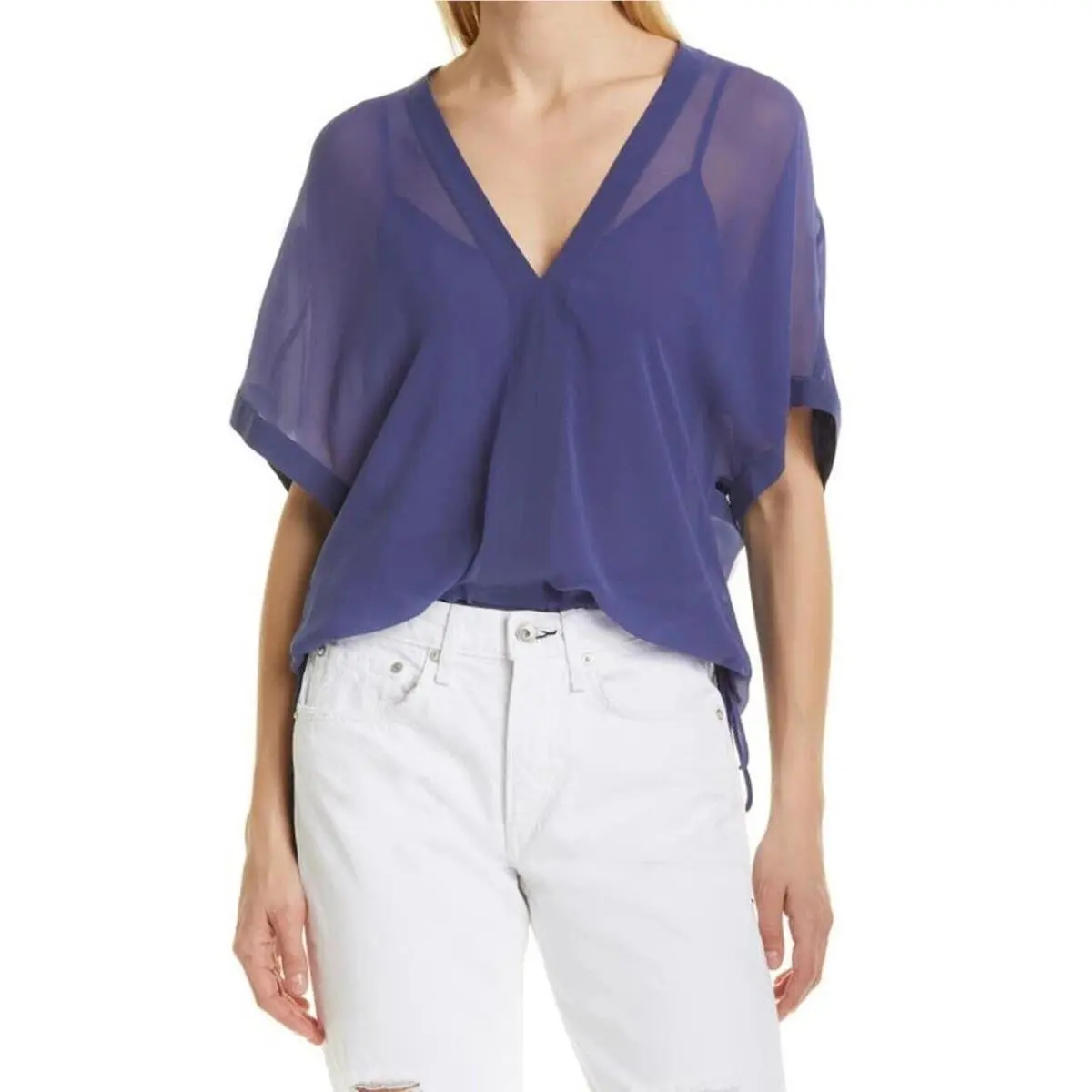 Rag Bone Women Blue Mesh Elysse Casual Relaxed V-neck Elegant Blouse Size S by Rag & Bone