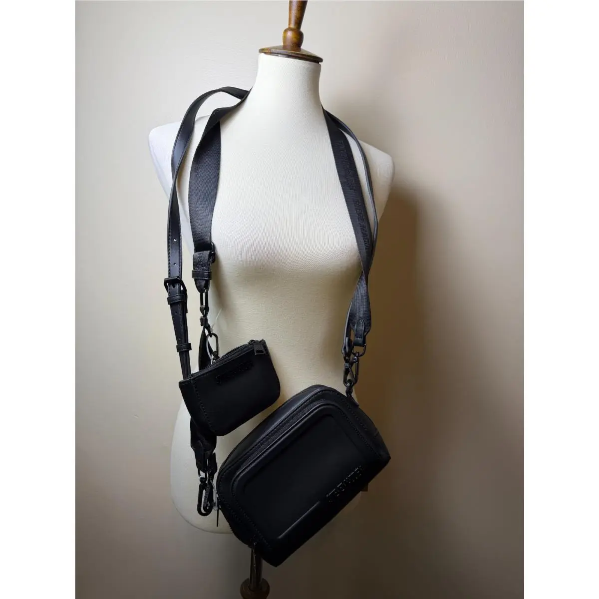 Small Black Zip Crossbody with Guitar Strap Bag Coin Pouch by Steve Madden