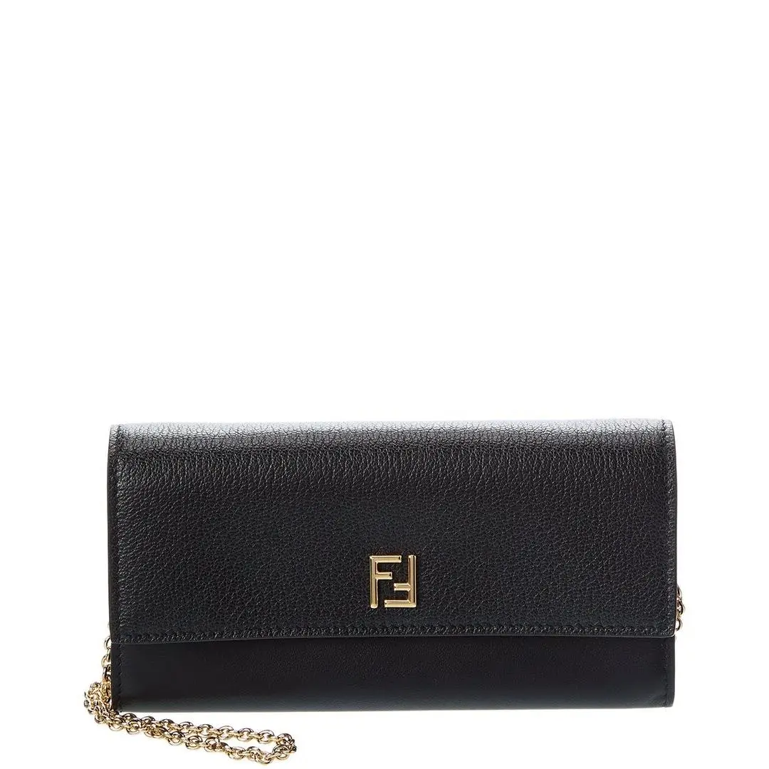 Ff Leather Continental Wallet On Chain Women`s Black by Fendi