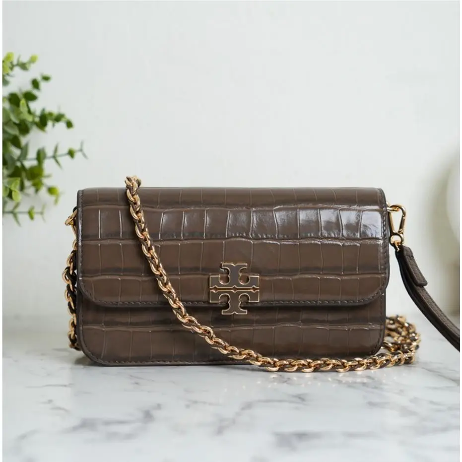 Tory Burch Britten Embossed Chain Wallet with Wristlet Crossbody Night Hawk