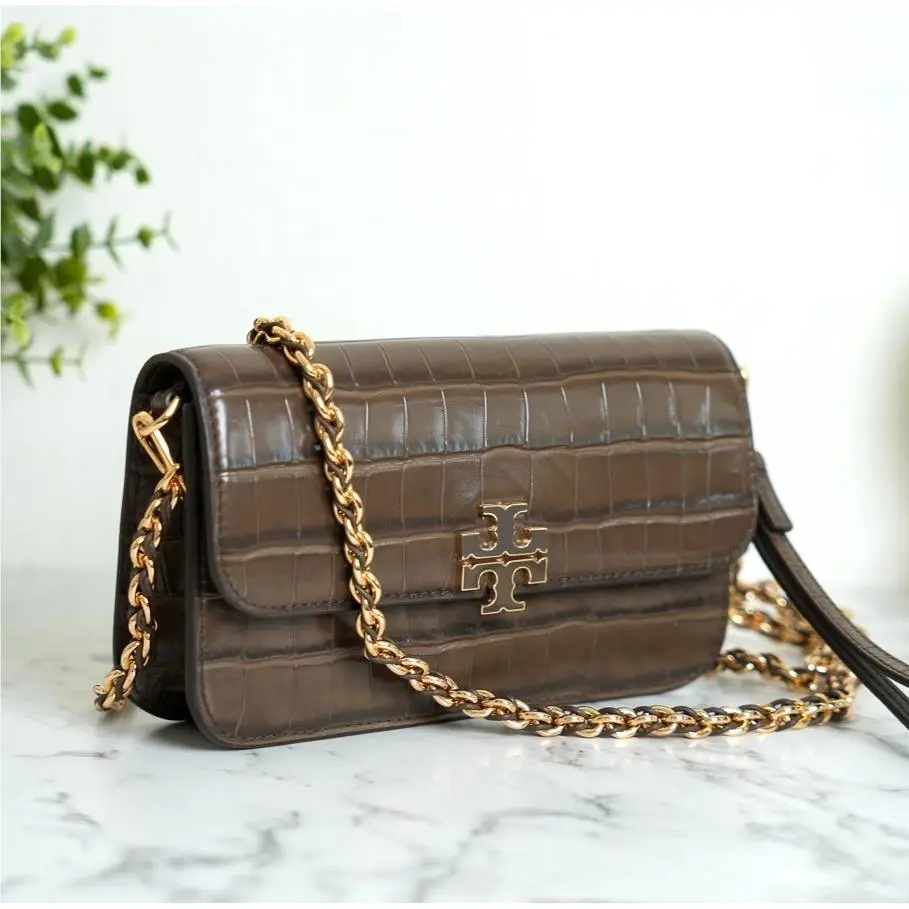 Tory Burch Britten Embossed Chain Wallet with Wristlet Crossbody Night Hawk