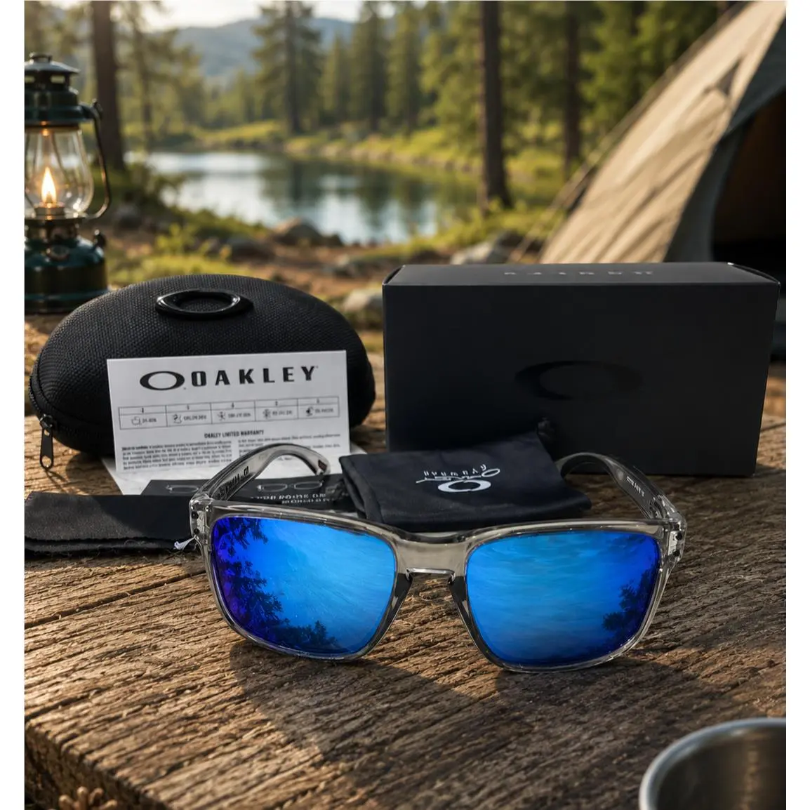 Oakley Holbrook Sunglasses Grey Smoke Clear Frame Blue Mirror Polarized Lens