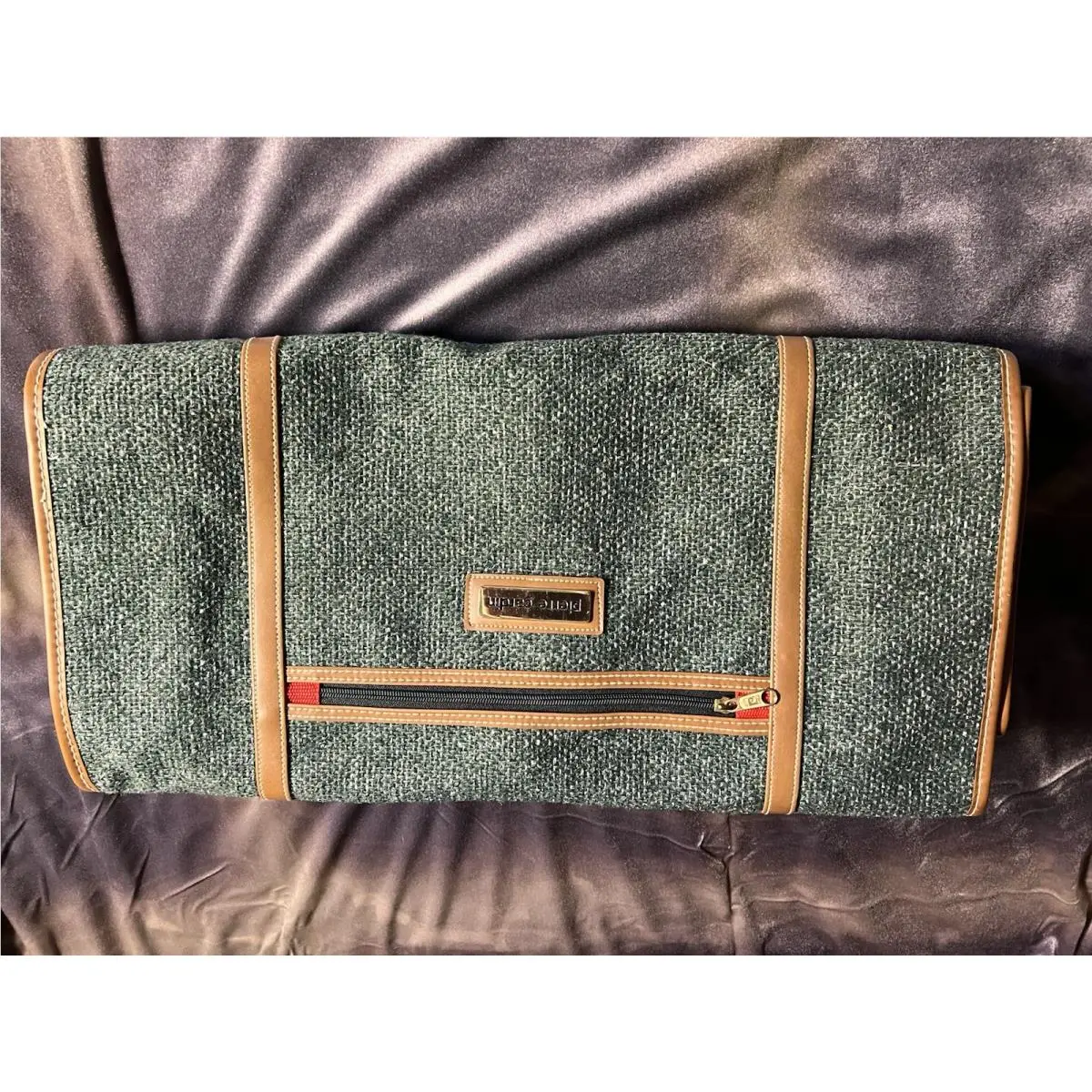 Pierre Cardin Vtg 80`s Green Tweed Carry On Garment Luggage Logo Bag