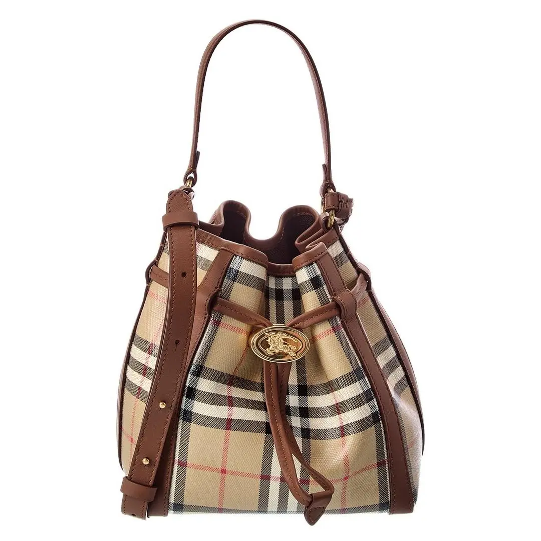 Mini Check E-canvas Leather Bucket Bag Women`s Beige by Burberry