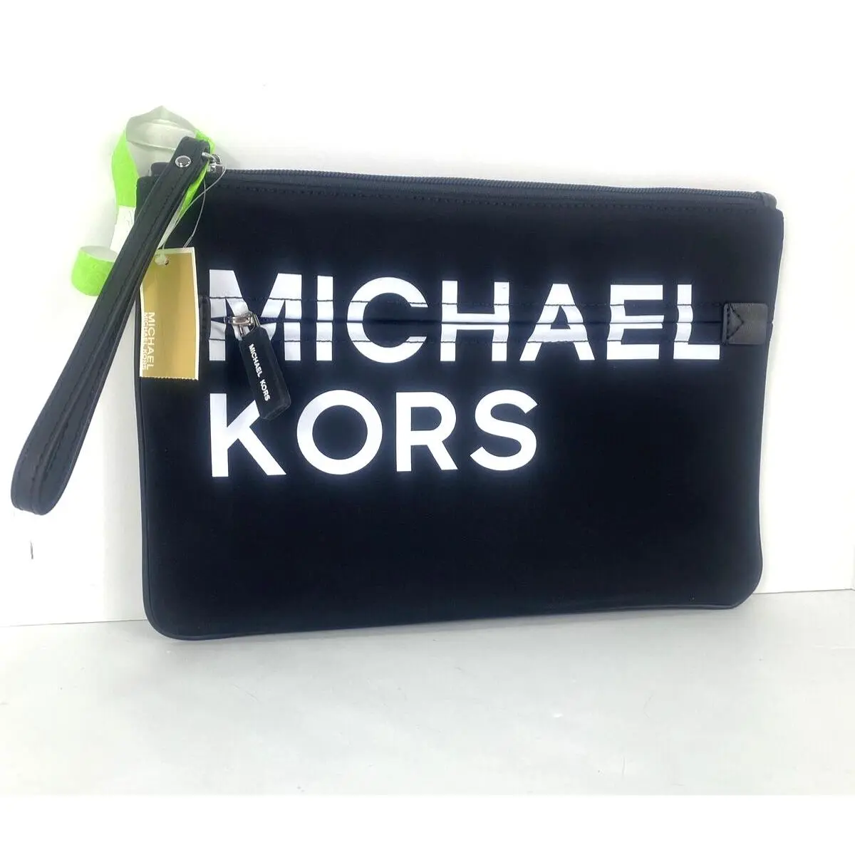 Sport Wristlet Black Nylon Leather Oversized Logo Zips B14 by Michael Kors
