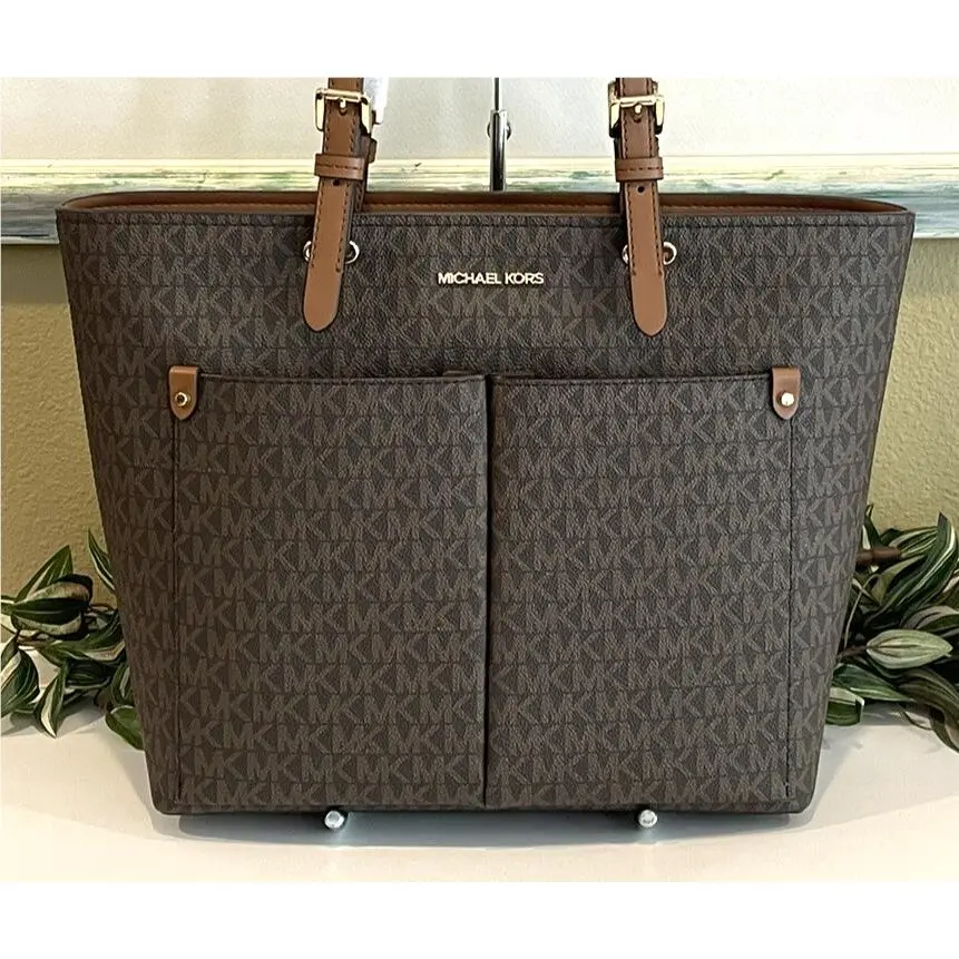 Jet Set Medium Double Pocket Tote Shoulder Bag Purse MK Brown Logo by Michael Kors