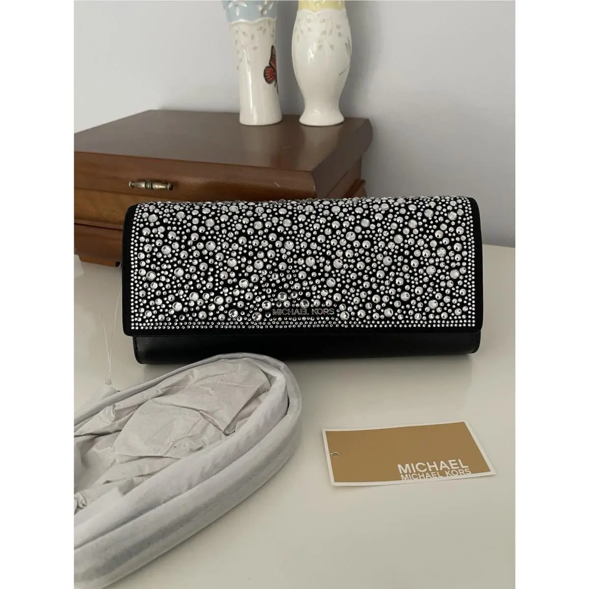 Jet Set Medium Embellished Metallic Leather Clutch Black Silver by Michael Kors