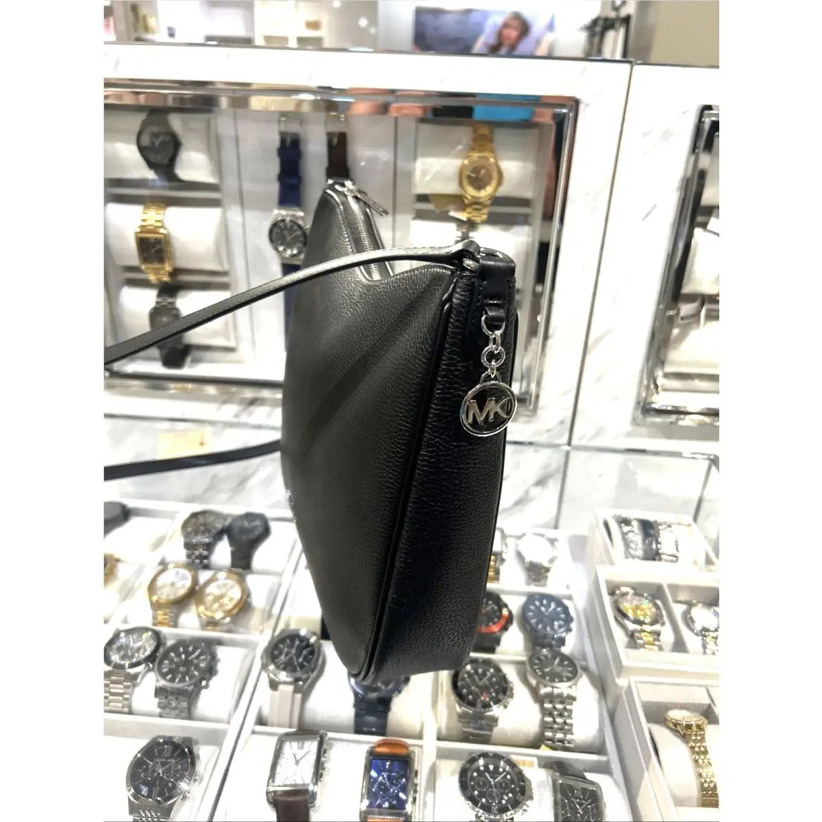 Nayla Medium Messenger Bag Shoulder Black Silver Leather Handbag MK by Michael Kors