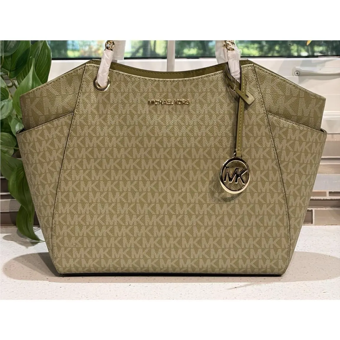 Jet Set Travel Large Medium Chain Shoulder Tote Bag MK Green Logo by Michael Kors