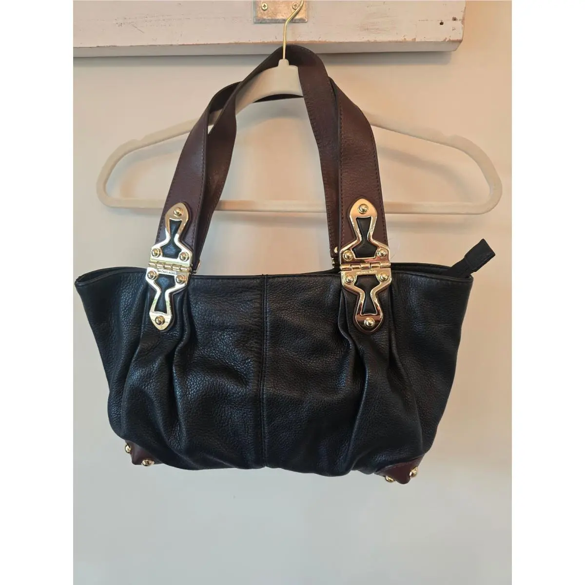 Black Pebbled Leather Shoulder Bag Brown Straps Gold Hinge Detail by Michael Kors