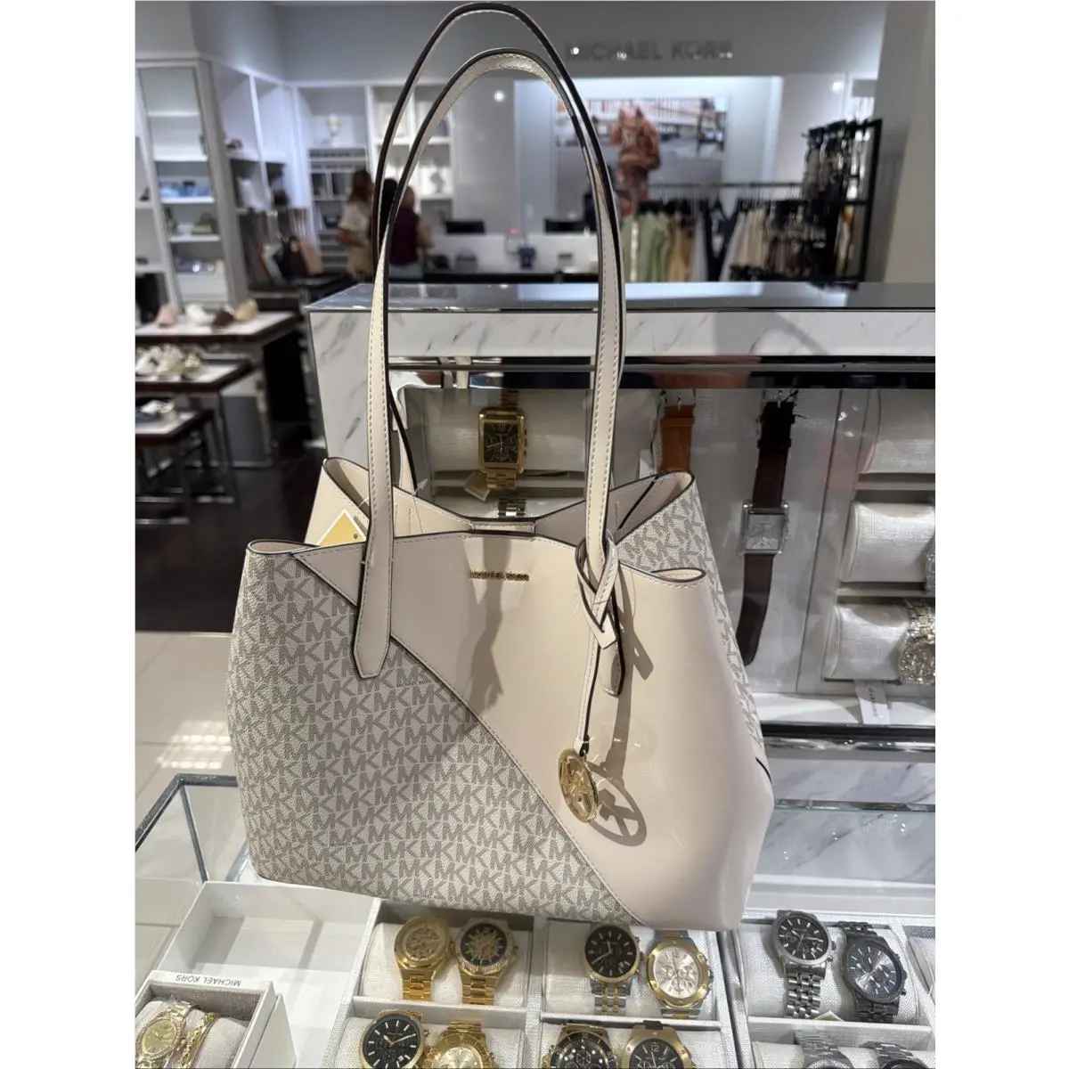 Avalon Medium Smooth and Signature Logo Tote Bag Light Cream by Michael Kors