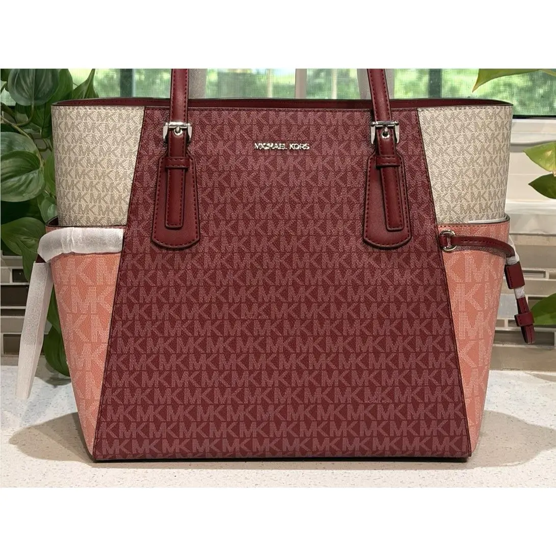 Voyager Large EW Tote Shoulder Bag Laptop MK Maroon Pink Cream Logo by Michael Kors
