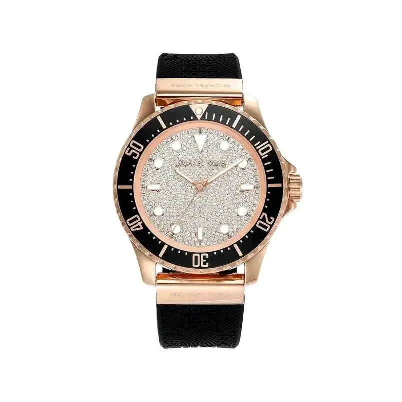 Michael Kors Everest MK7358 Rose Gold Pave Dial Black Silicone Strap 43mm 10 Atm - Dial: Silver, Rose Gold, Band: Green, Black, Bezel: Black, Gold