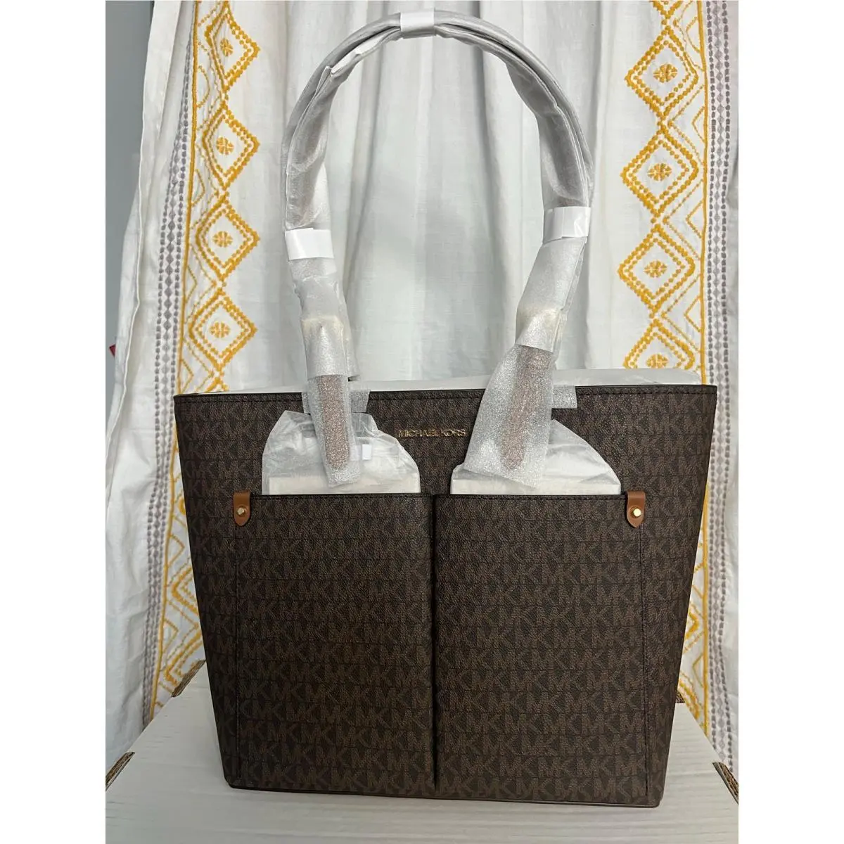 Womens Jet Set Travel Medium Double Pocket Tote Brown by Michael Kors