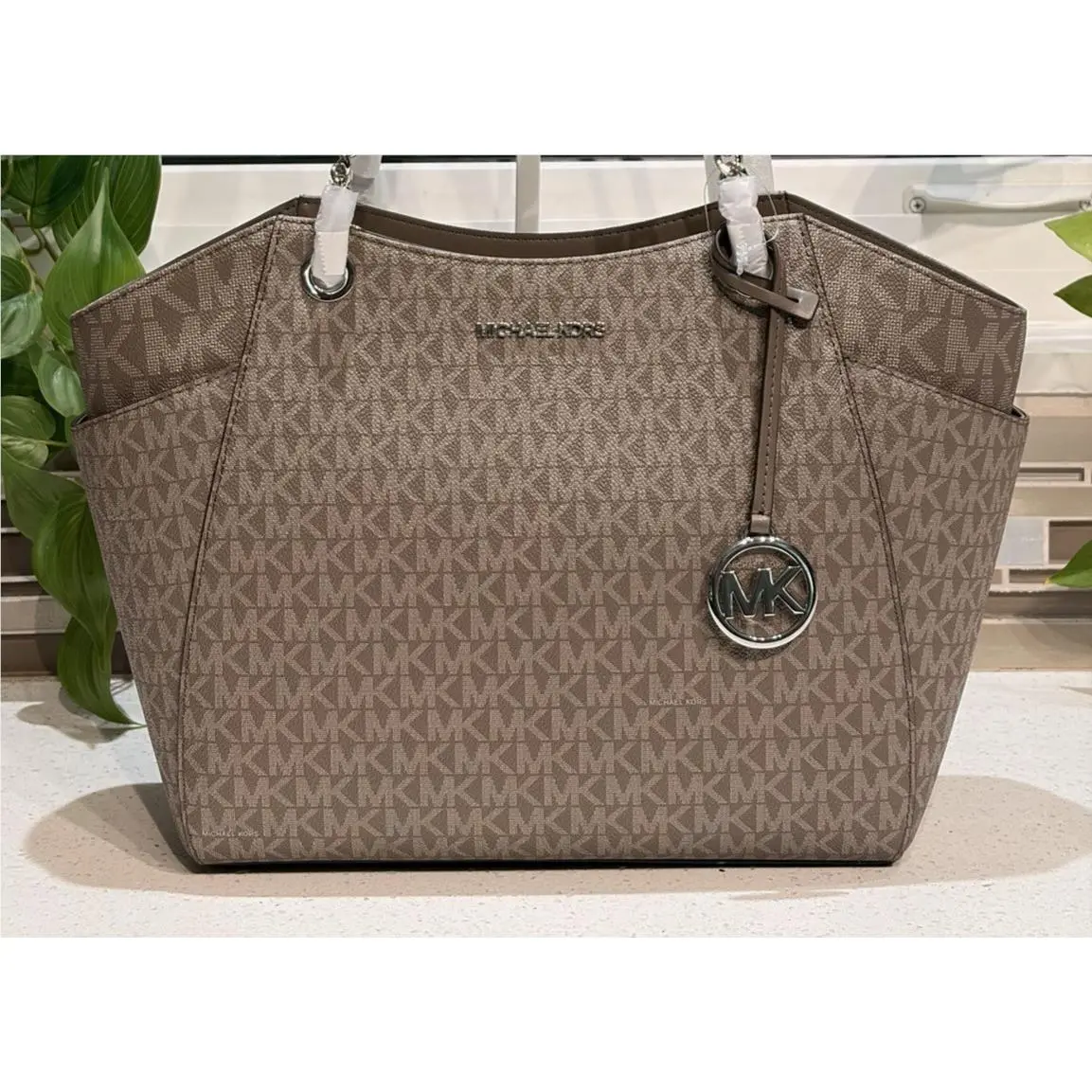 Jet Set Large Chain Shoulder Tote Bag MK Mushroom Taupe Brown Logo by Michael Kors
