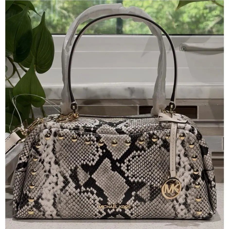 Cecily Small Shoulder Crossbody Bag Cream Snake Embossed Stud Gold by Michael Kors