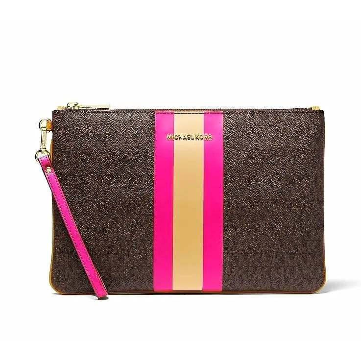 Large Brown Logo Zip Wristlet Pouch Pink Stripe Wrist Strap Gold HW by Michael Kors