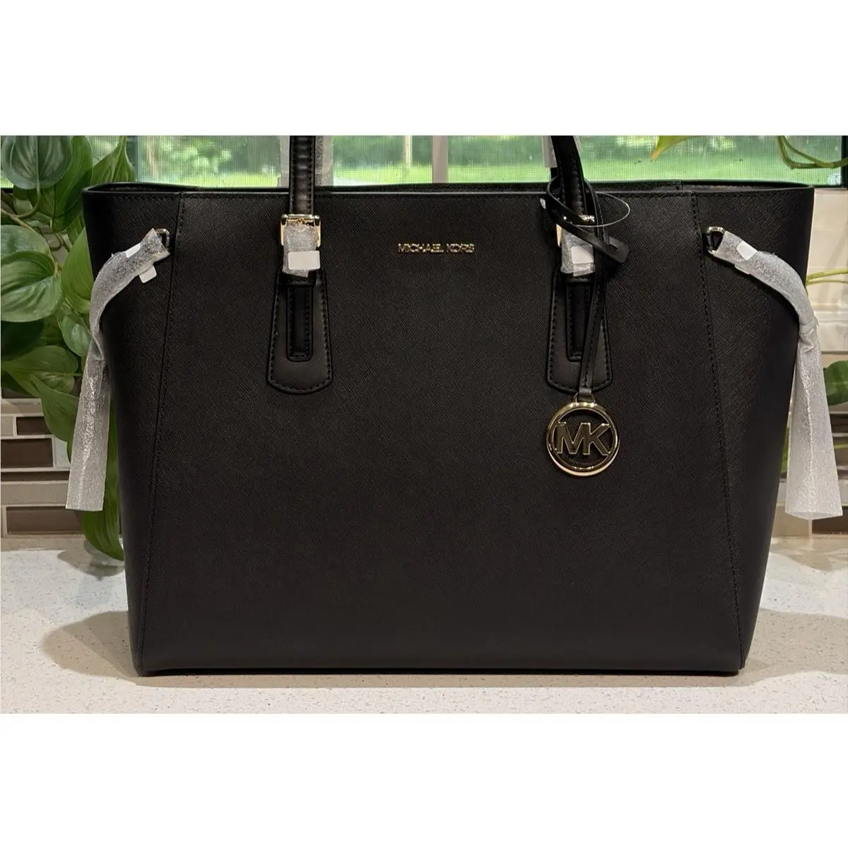 Voyager Large Zip Tote Shoulder Bag Laptop MK Black Leather Gold by Michael Kors