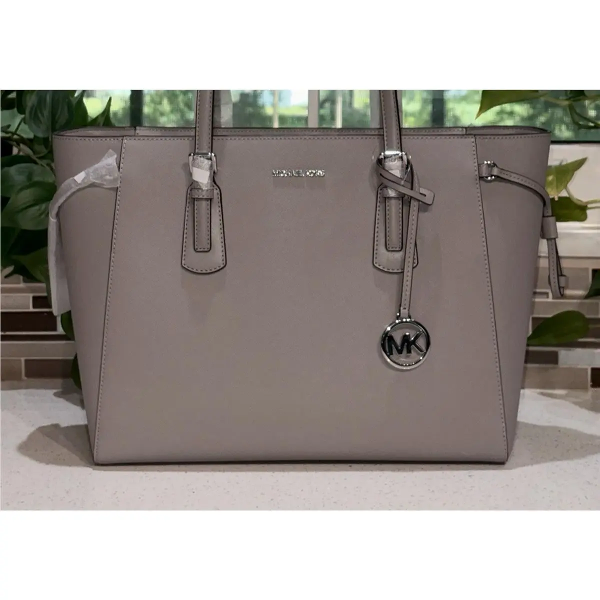 Voyager Large Zip Tote Shoulder Bag Laptop MK Grey Leather Silver by Michael Kors