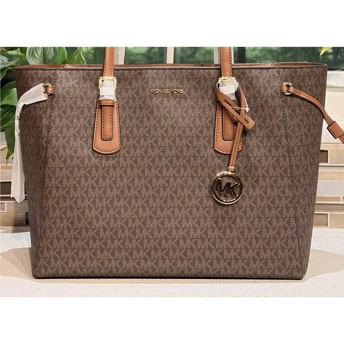 Voyager Large Zip Tote Shoulder Bag Laptop Sleeve Brown MK Logo by Michael Kors