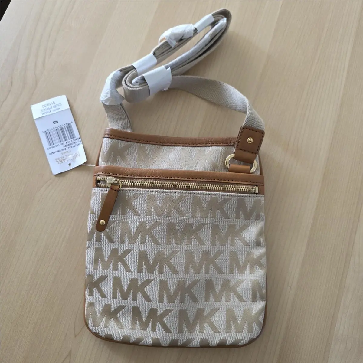 Crossbody Bag Monogram Cream Tan Gold Jaquard Canvas Brown Trim by Michael Kors