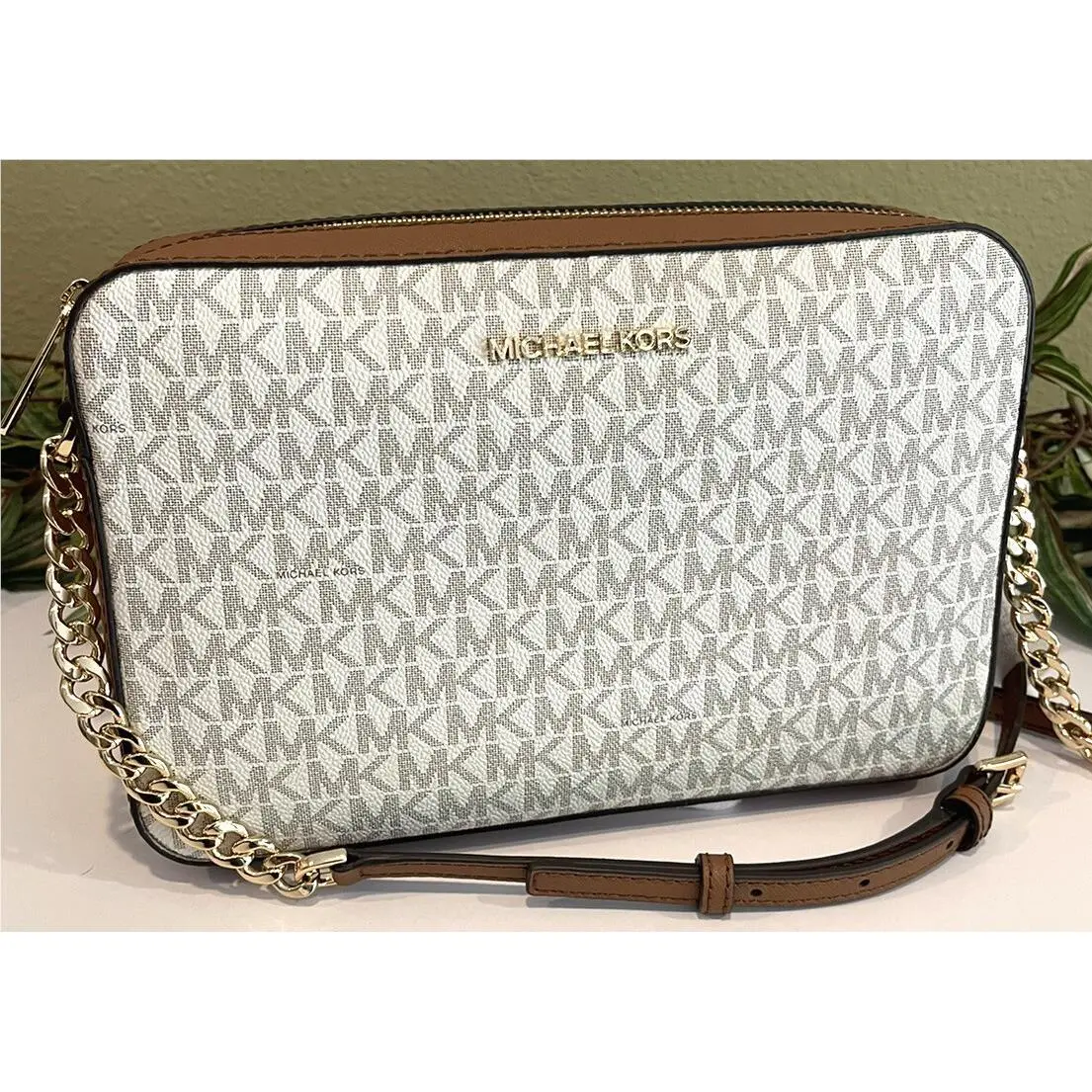 Jet Set Large Zip EW Crossbody Bag Shoulder Vanilla Signature Logo by Michael Kors