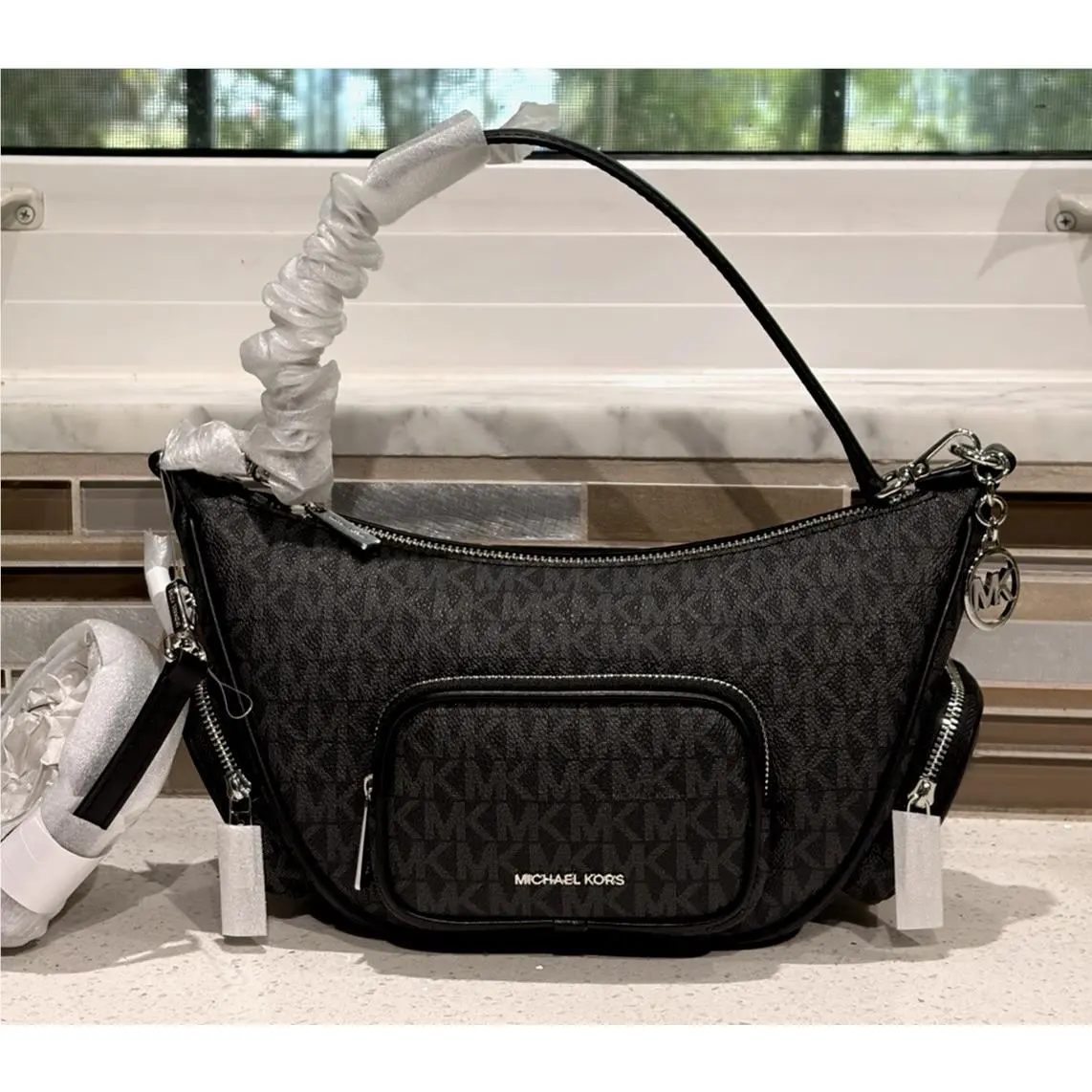 Merritt Small Shoulder Convertible Bag Pockets Hobo MK Black Logo by Michael Kors