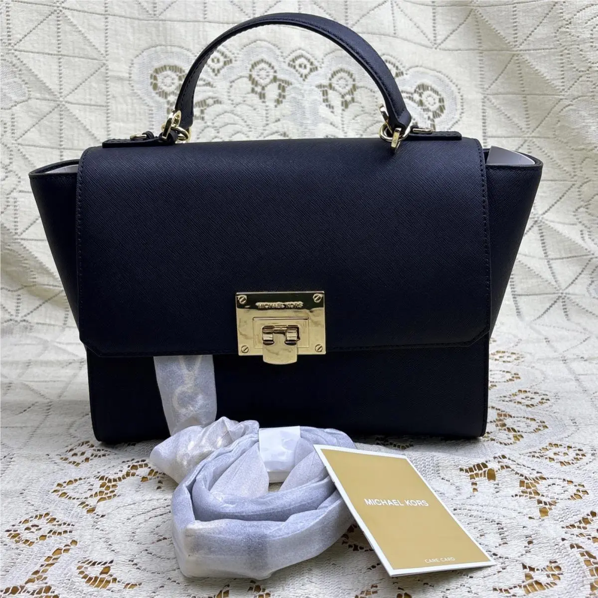 Tina Medium Black Leather Satchel Shoulder Bag by Michael Kors