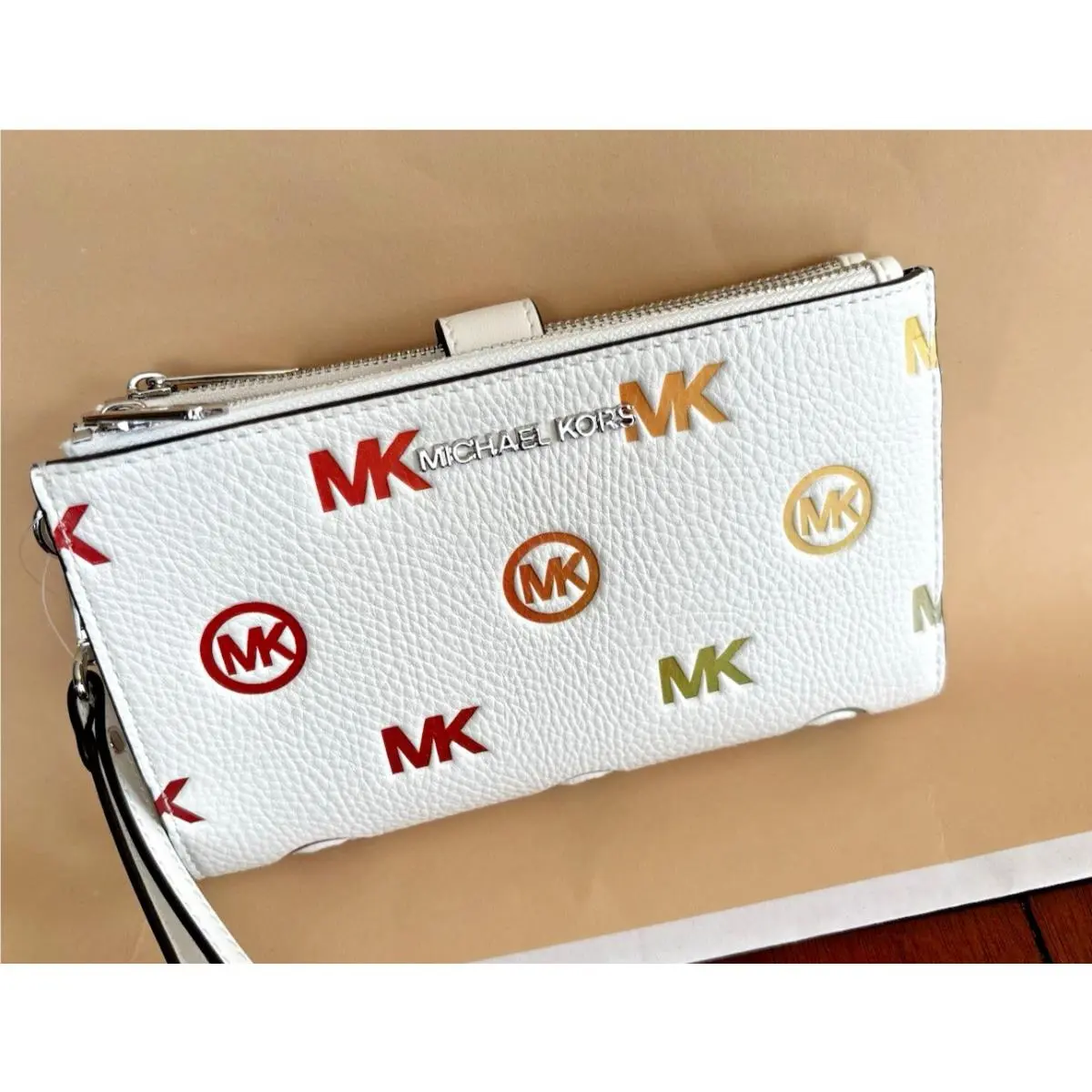 Michael Kors Lady Rainbow Double Zip Wristlet Wallet Optic White Phone Holder MK