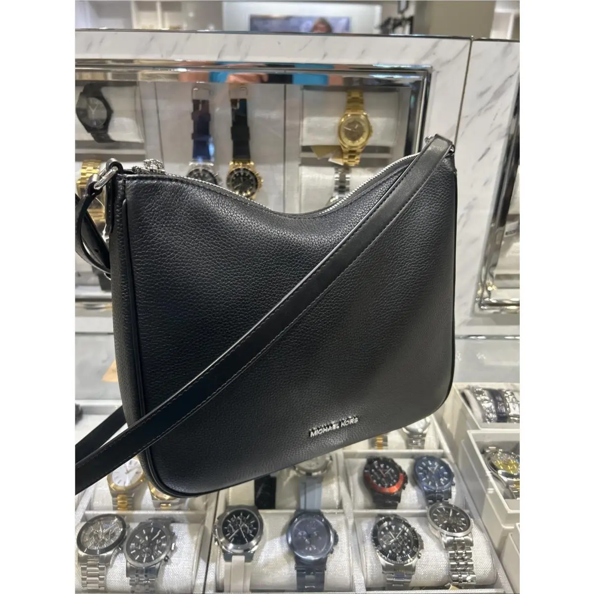 Nayla Medium Messenger Crossbody Bag Shoulder Black Silver Purse MK by Michael Kors