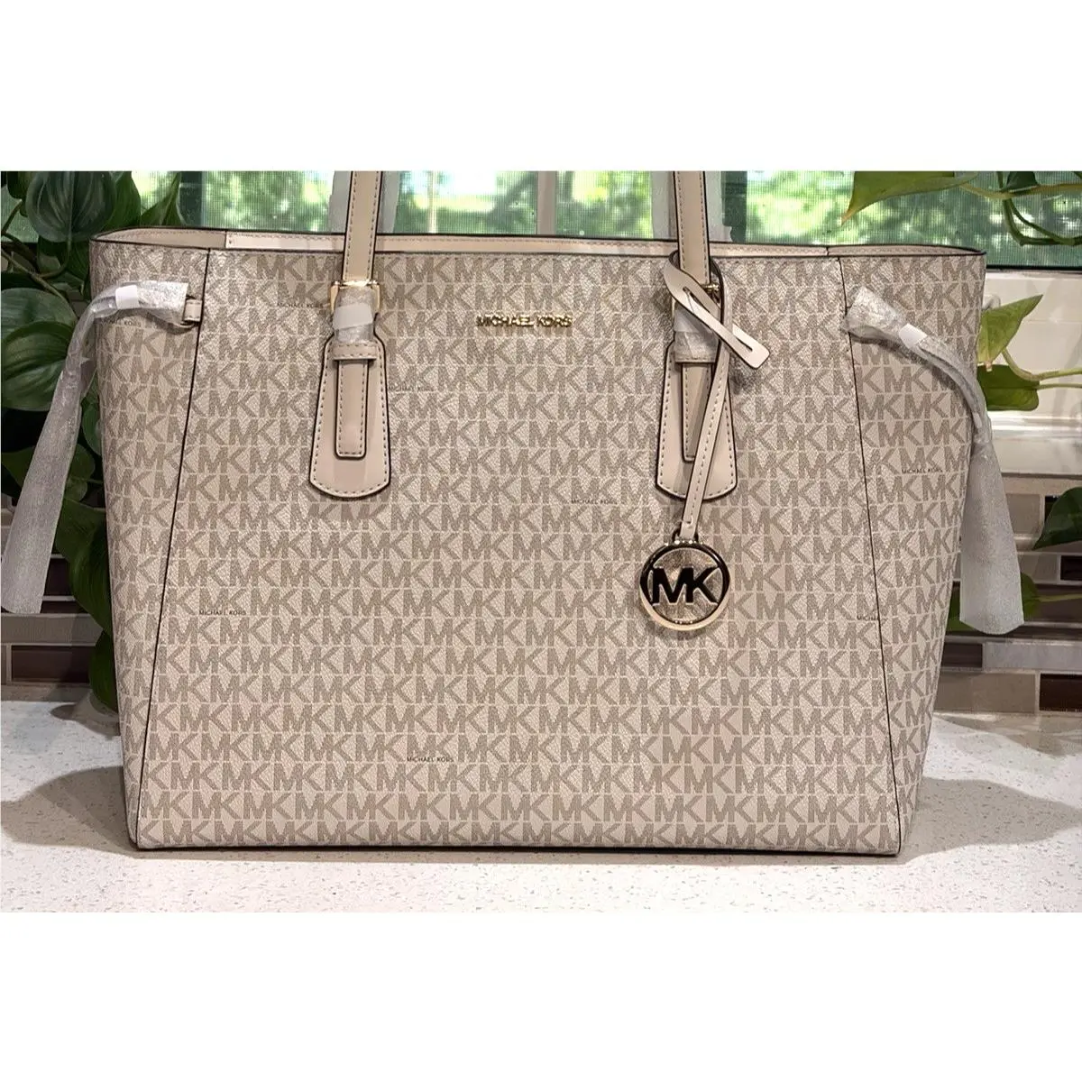 Voyager Large Zip Tote Shoulder Bag Laptop MK Cream Signature Gold by Michael Kors