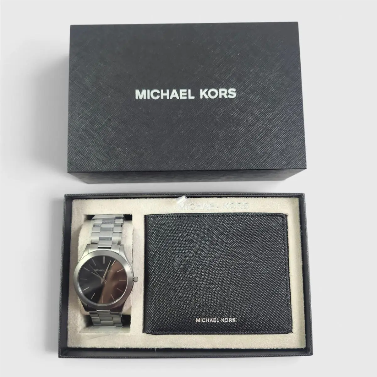 Oversized Slim Runway Black Silver Watch Wallet Set MK1044SET by Michael Kors
