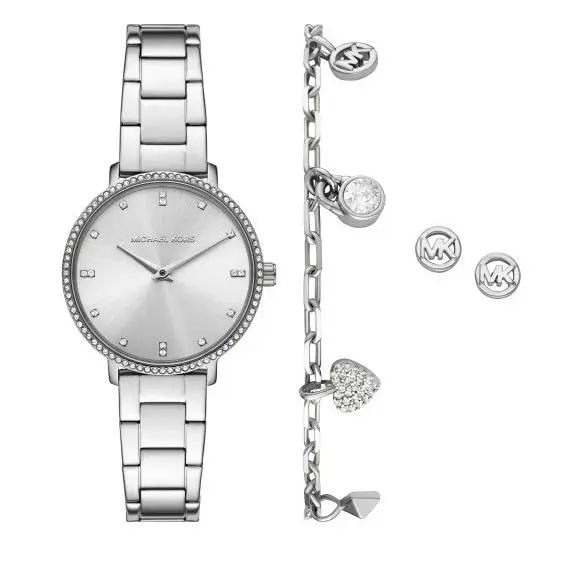 Michael Kors Pyper Silver Dial 32mm Women`s Watch MK7647SET - Dial: Silver, Band: Silver, Bezel: Silver