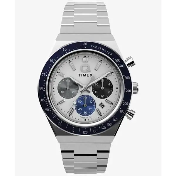 Q Mens Quartz Sport Watch TW2Y36200 Chronograph White Dial Steel Strap by Timex