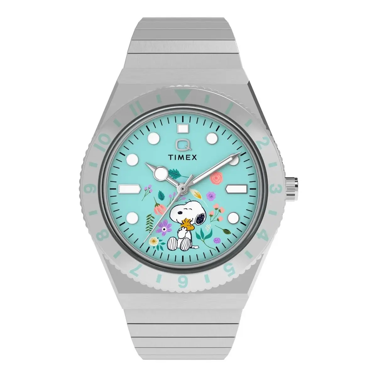 Q  Peanuts Snoopy Woodstock Flowers Stainless Steel Watch TW2Y52700 by Timex