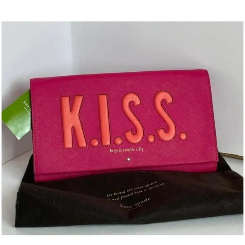 Kiss Tally Clutch Pink Leather K.i.s.s. Foldover Statement Bag by Kate Spade