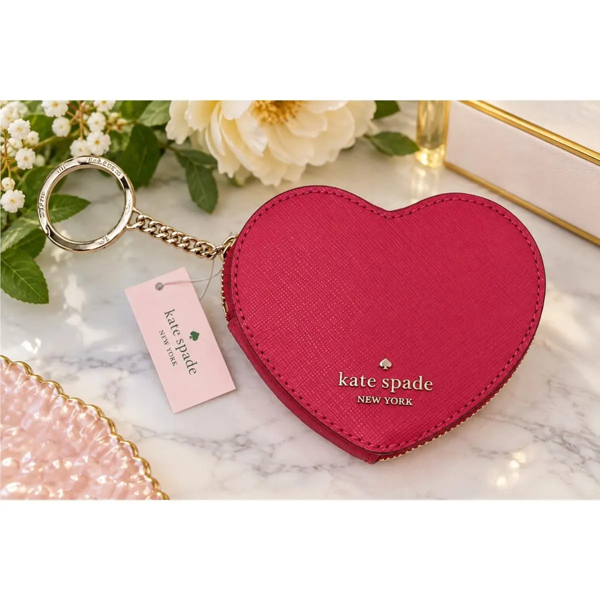 Kate Spade New York Heart Coin Purse Keychain Pink Saffiano Y2K Coquette