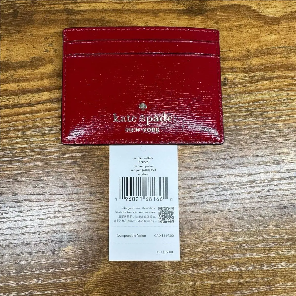New Kate Spade Madison Small Slim Card Holder Red Jam Textured Patent KN225