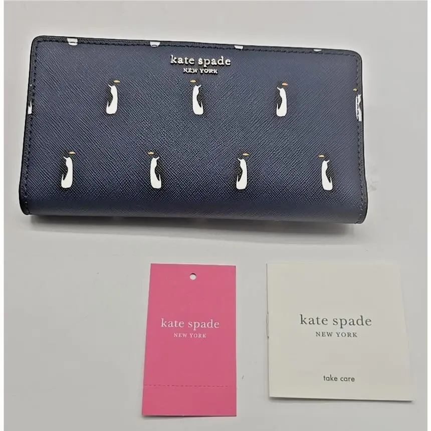 Kate Spade Card Case Penguin Whimsical Wallet Saffiano Leather Slim Bifold
