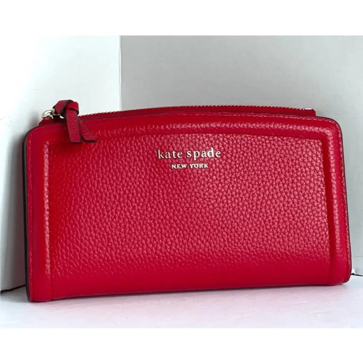 Kate Spade Knott Slim Wallet Lingonberry Red Pebbled Leather Womens
