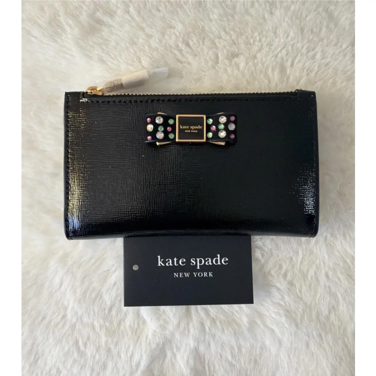 Kate Spade Morgan Bow Bedazzles Small Slim Leather Bifold Wallet Black