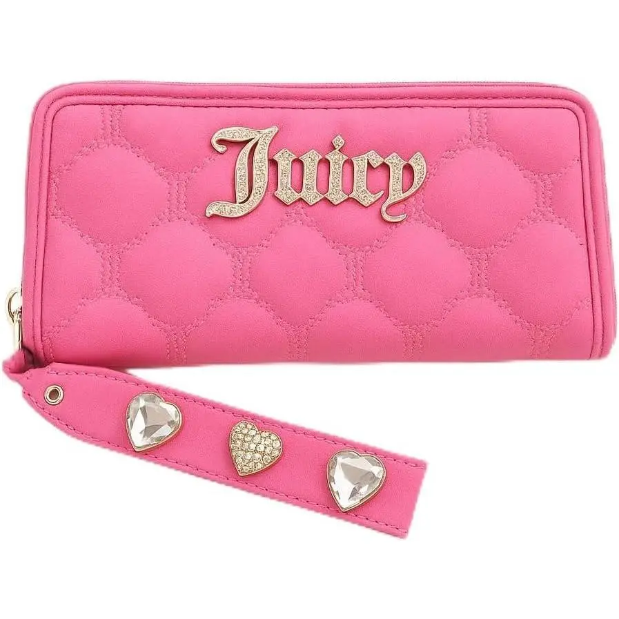 Juicy Couture Logo Large Zip Around Wallet Purse Bag Clutch Hot Pink Hearts