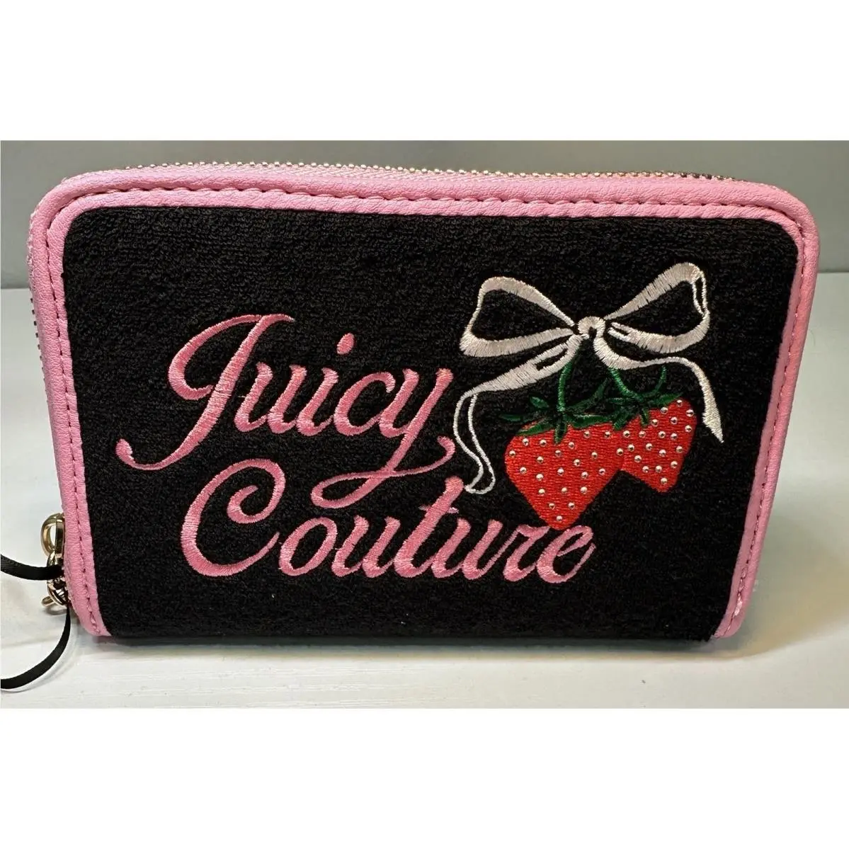 Juicy Couture Zip Around Wallet Black Pink Women`s Retro Strawberry Bifold